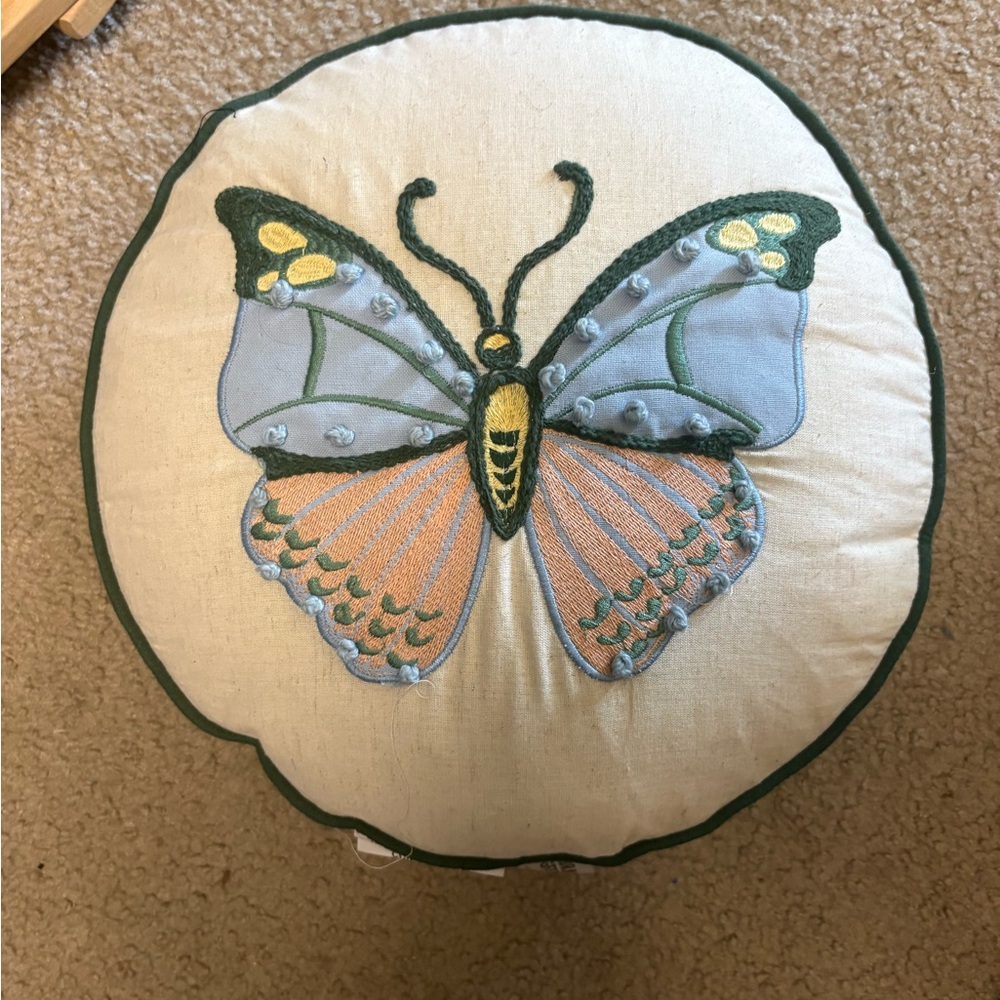 Round Butterfly Embroidered Pillow